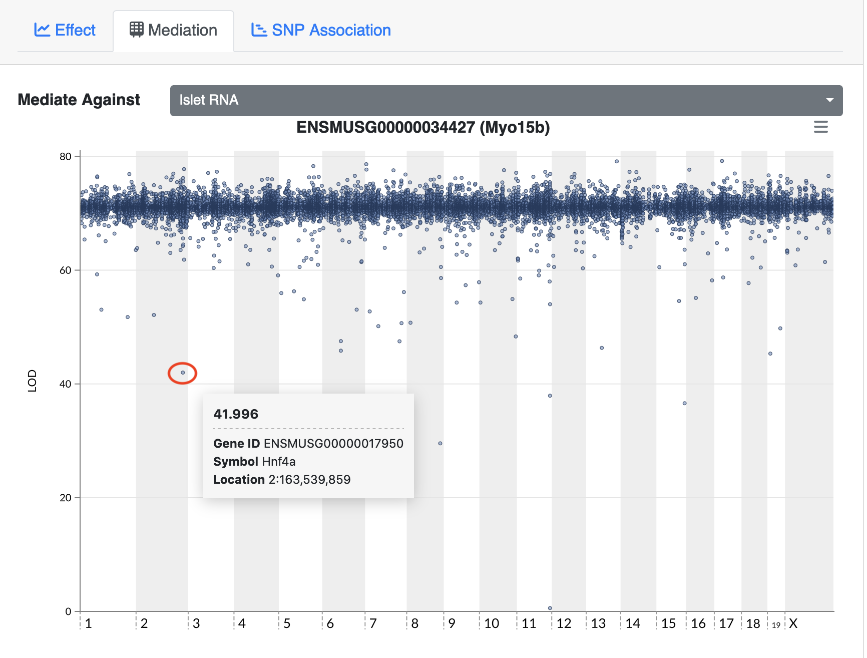 Mediating expression of Myo15b identifies Hnf4a as the gene that drops the LOD score from greater than 70 to less than 50.