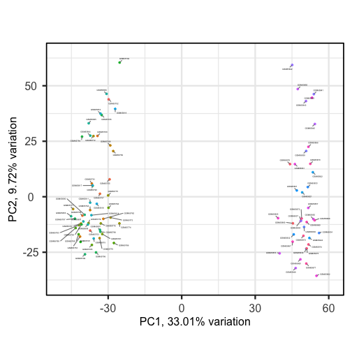 Biplot of principal components one and two showing two groups for PC1 according to gene expression.