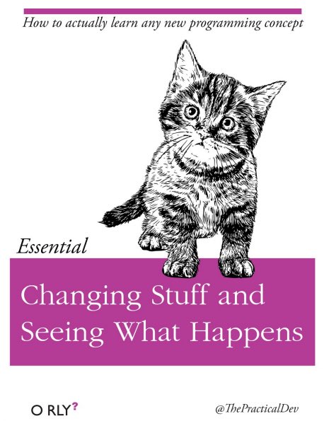 Fake O'Reilly book entitled Changing Stuff and Seeing What Happens, with a kitten on the cover.